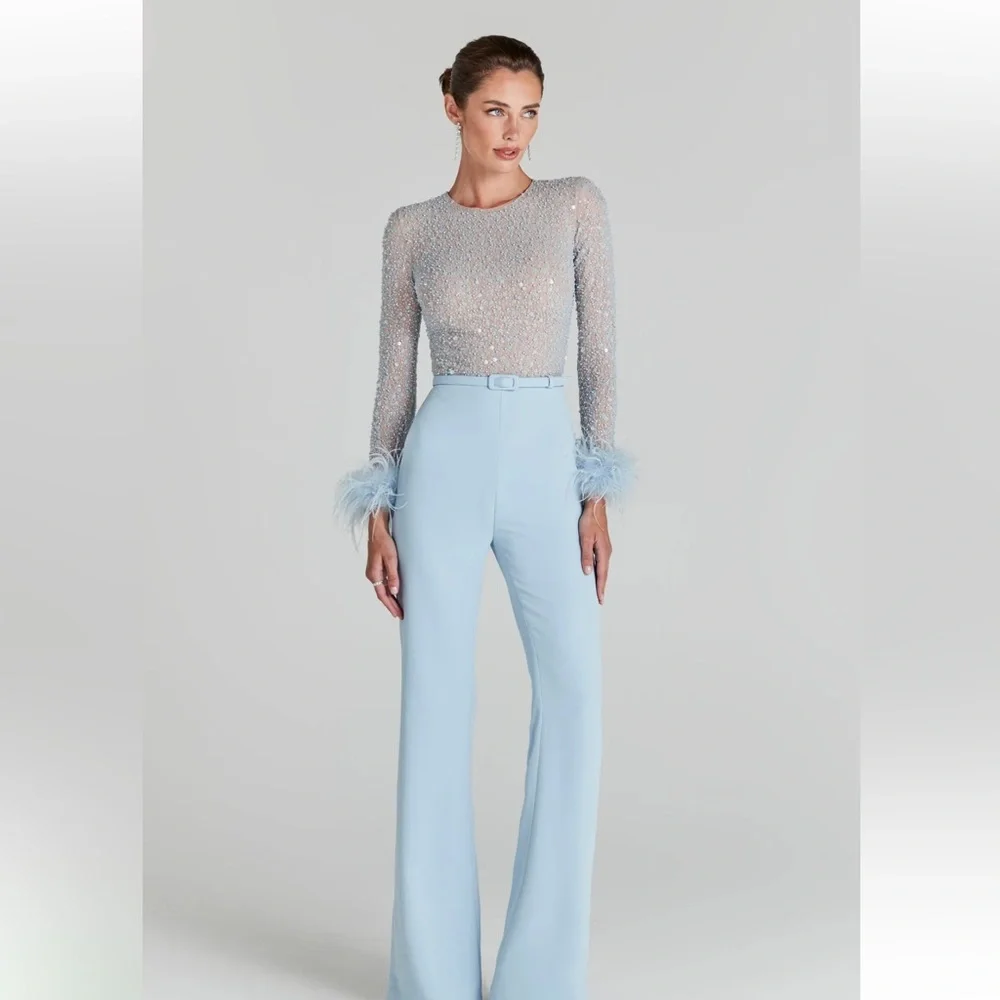 NADINE MERABI Light Blue Flare Jumpsuit - Picture 2 of 4